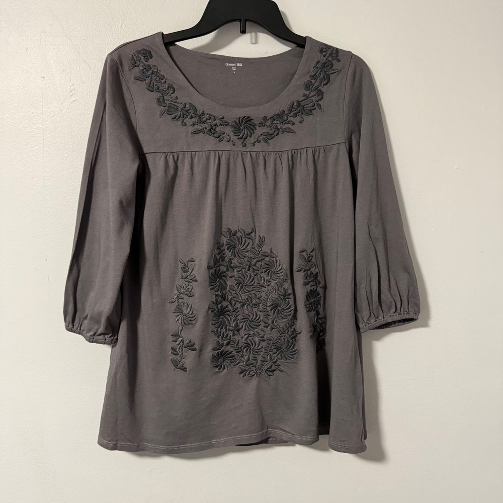 Garnet‎ Hill Gray Embroidered 3/4 Sleeve Tunic Top Women's Size S Boho Peasant